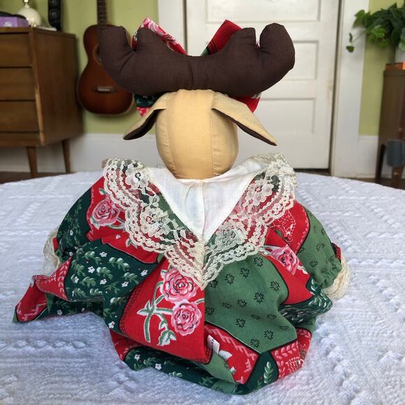 Handmade Country Christmas Moose Doll 16” Patchwork Lace Dress Farmhouse Decor - Picture 7 of 16